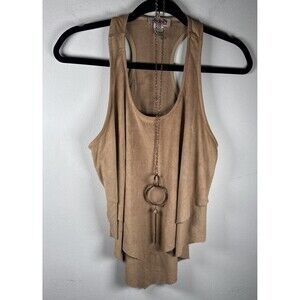 MADRAG Tan Faux Suede High-Low Layered  tank top w/ Chain Necklace Y2K Boho Sz L